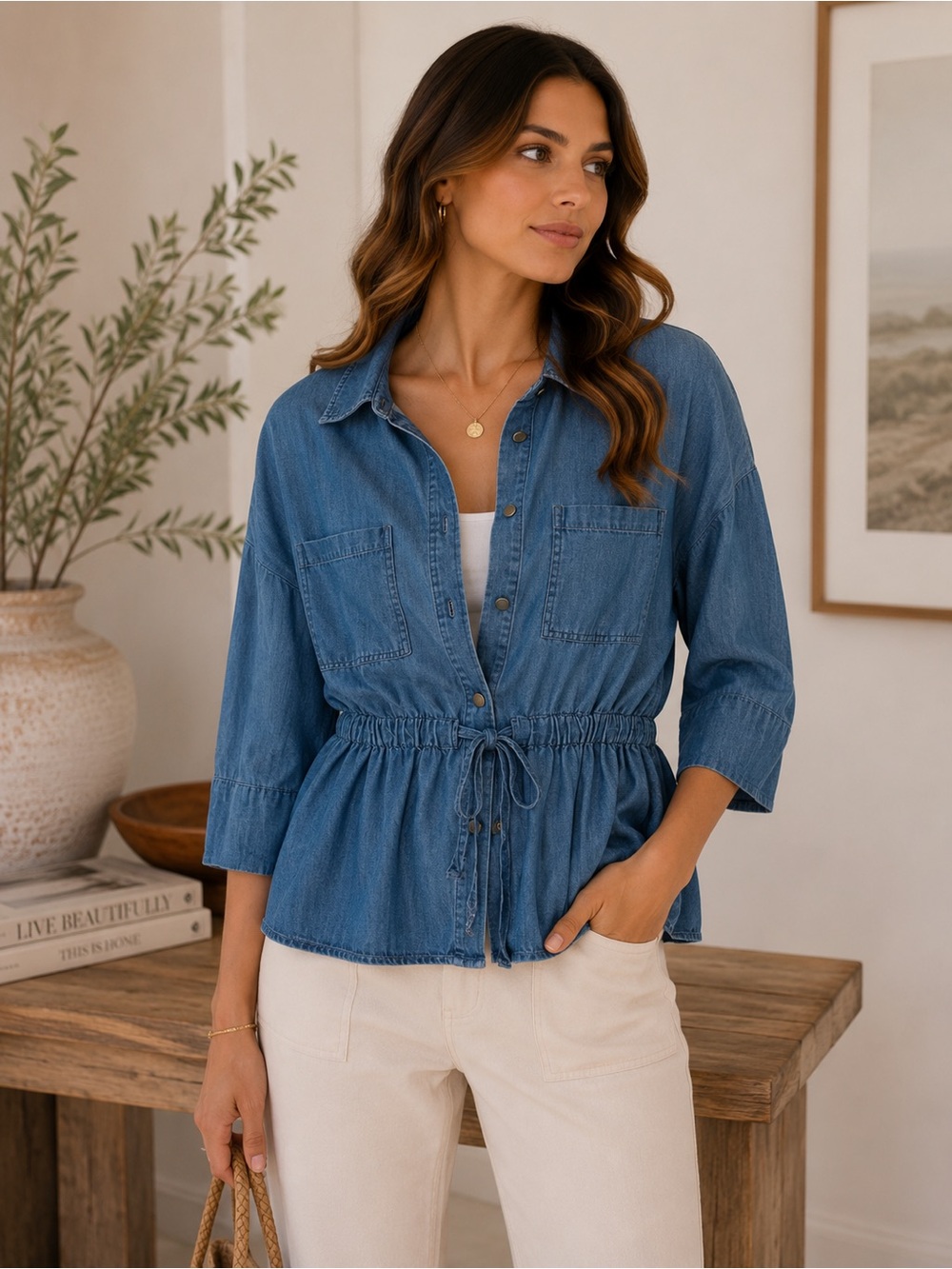Zara Blue Chambray Drawstring Utility Shirt |  Lightweight Denim Peplum Top